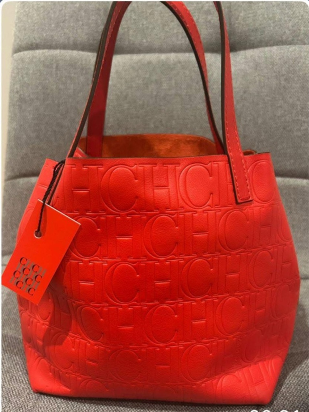 Carolina Herrera Red Embossed CH Logo Tote
